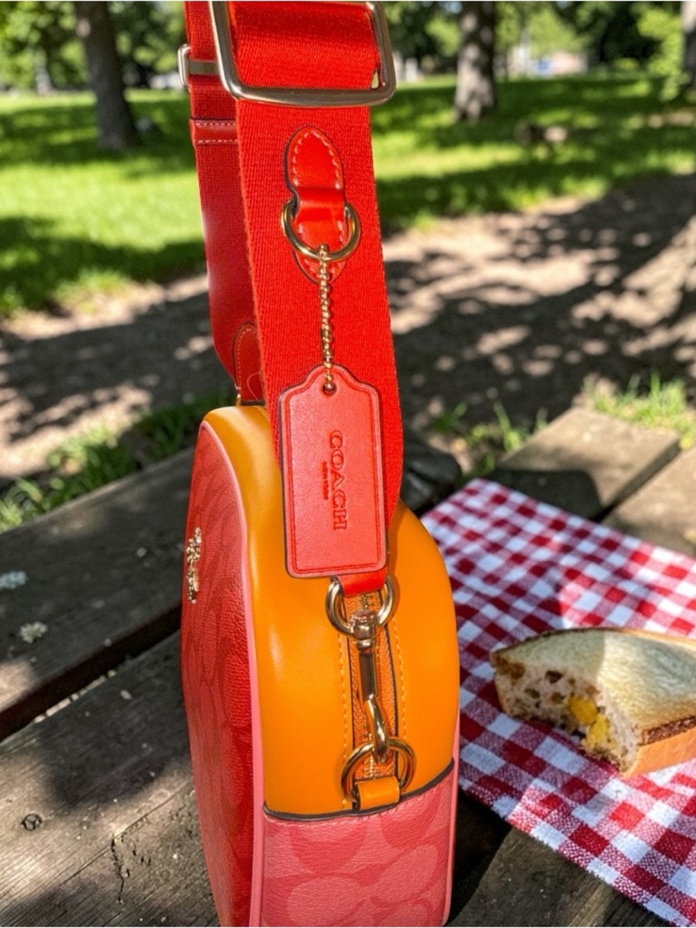 Coach Jamie Colorblock Signature Camera Crossbody Red Pink Orange Gold Hardware - Picture 6 of 12